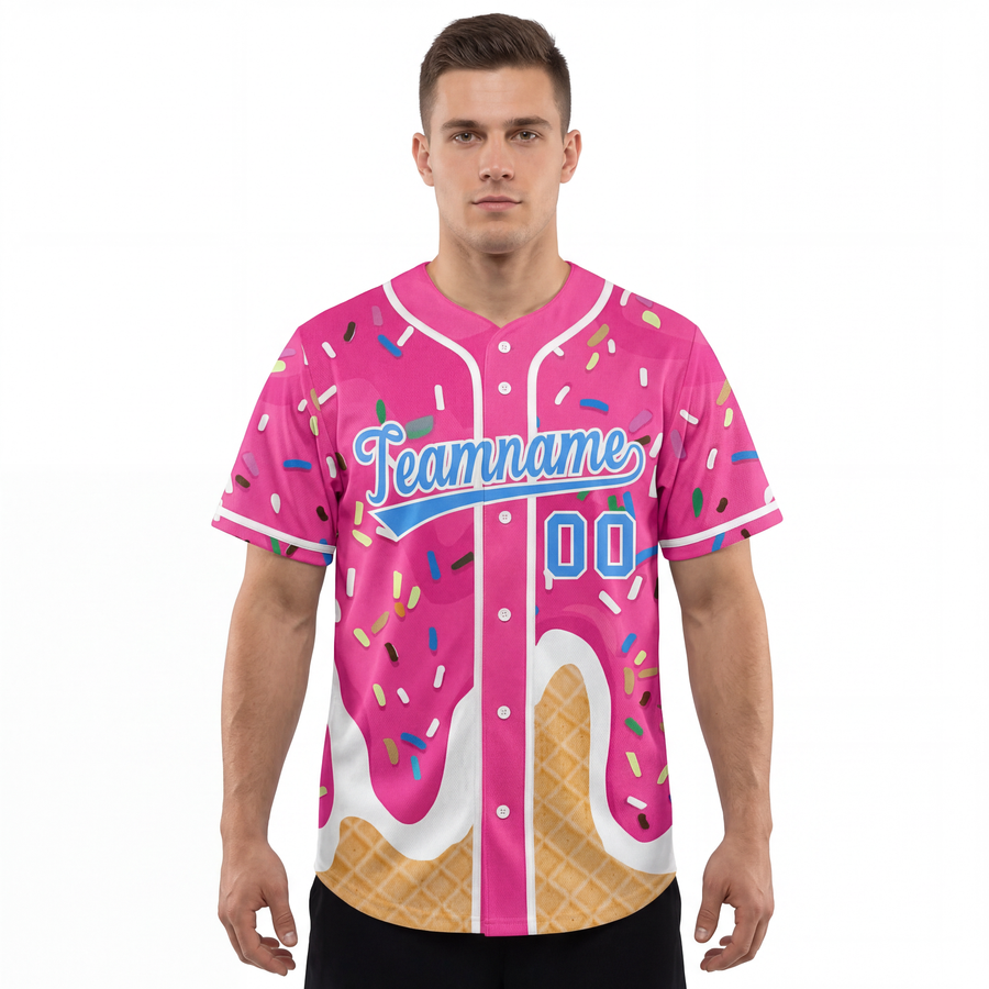 Custom Pink Ice Cream Cone Graffiti Pattern Fashion Baseball Jersey For Men | BuyFootballJersey