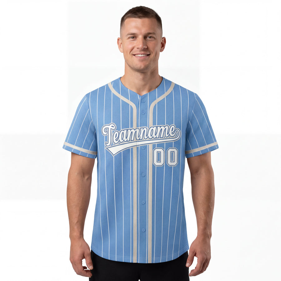 Custom Light Blue White Stripe Fashion Design Full Button Baseball Jersey For Men | BuyFootballJersey