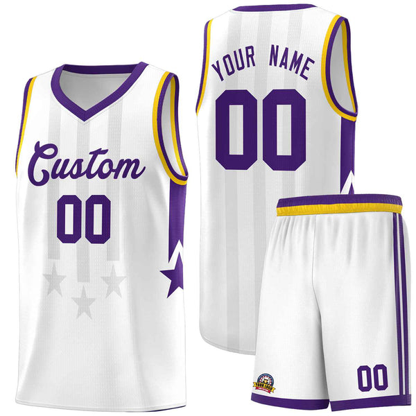 Custom White Purple and Gold Gradient Star Graffiti Pattern Sports Uniform Basketball Jersey | BuyFootballJersey