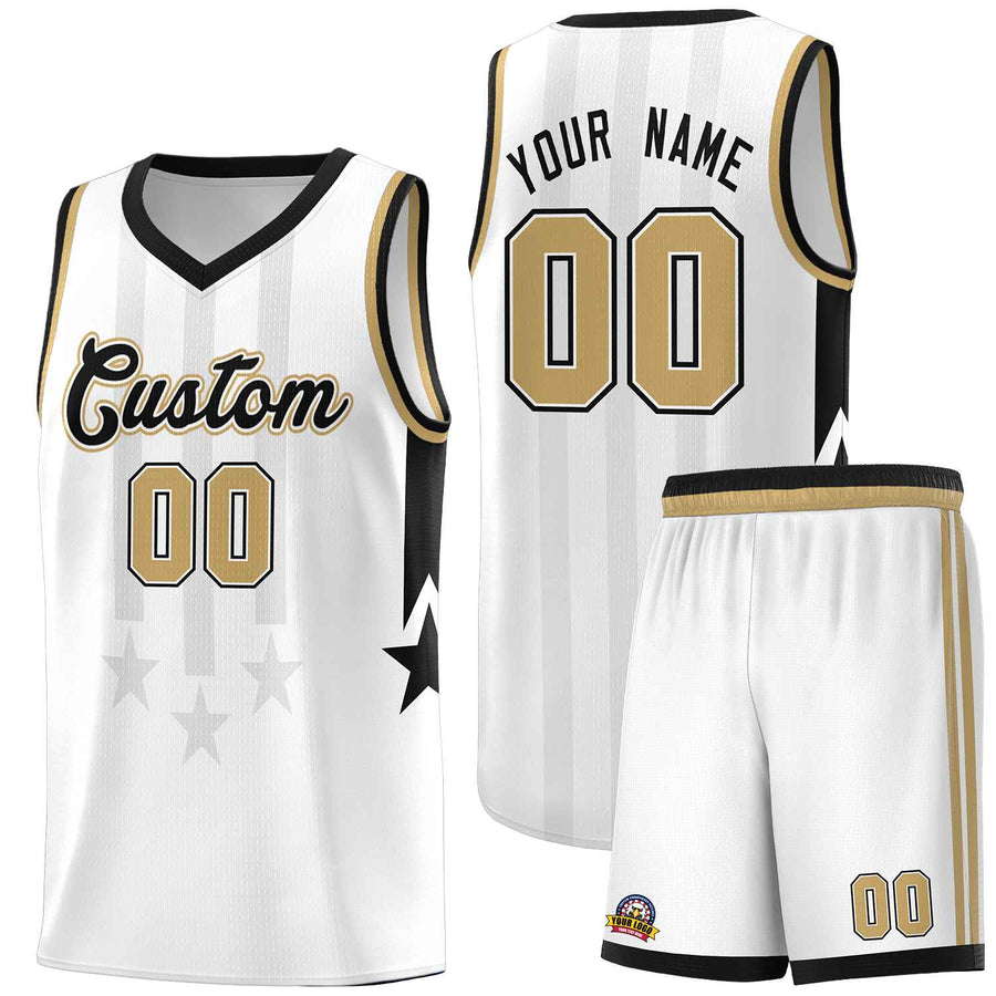 Custom White Black and Old Gold Gradient Star Graffiti Pattern Sports Uniform Basketball Jersey | BuyFootballJersey