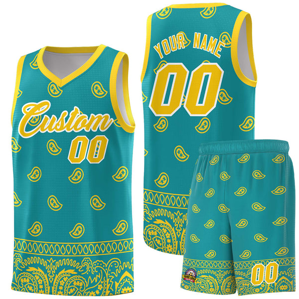 Custom Aqua Gold Personalized Cashew Pattern Sports Uniform Basketball Jersey | BuyFootballJersey
