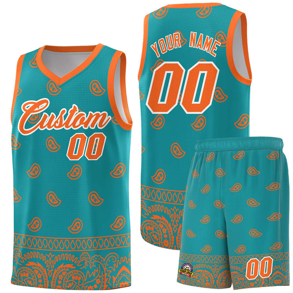 Custom Aqua Orange Personalized Cashew Pattern Sports Uniform Basketball Jersey | BuyFootballJersey