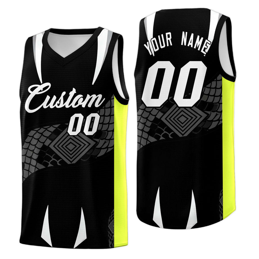 Custom Black Neon Green Snake Scale Venomous Fang Breathable Graffiti Pattern Basketball Suit Jersey | BuyFootballJersey