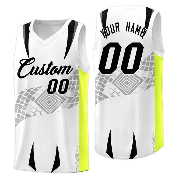Custom White Neon Green Snake Scale Venomous Fang for Clubs Graffiti Pattern Basketball Suit Jersey | BuyFootballJersey