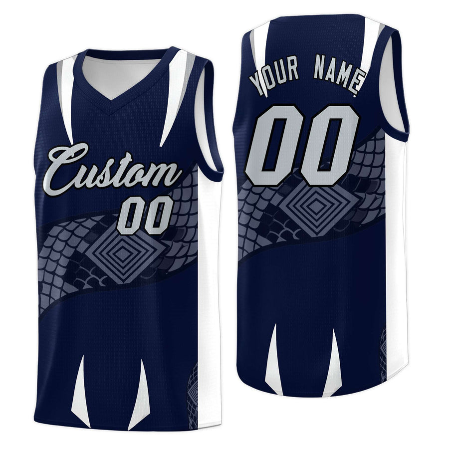 Custom Navy White Snake Scale Venomous Fang Lightweight Graffiti Pattern Basketball Suit Jersey | BuyFootballJersey