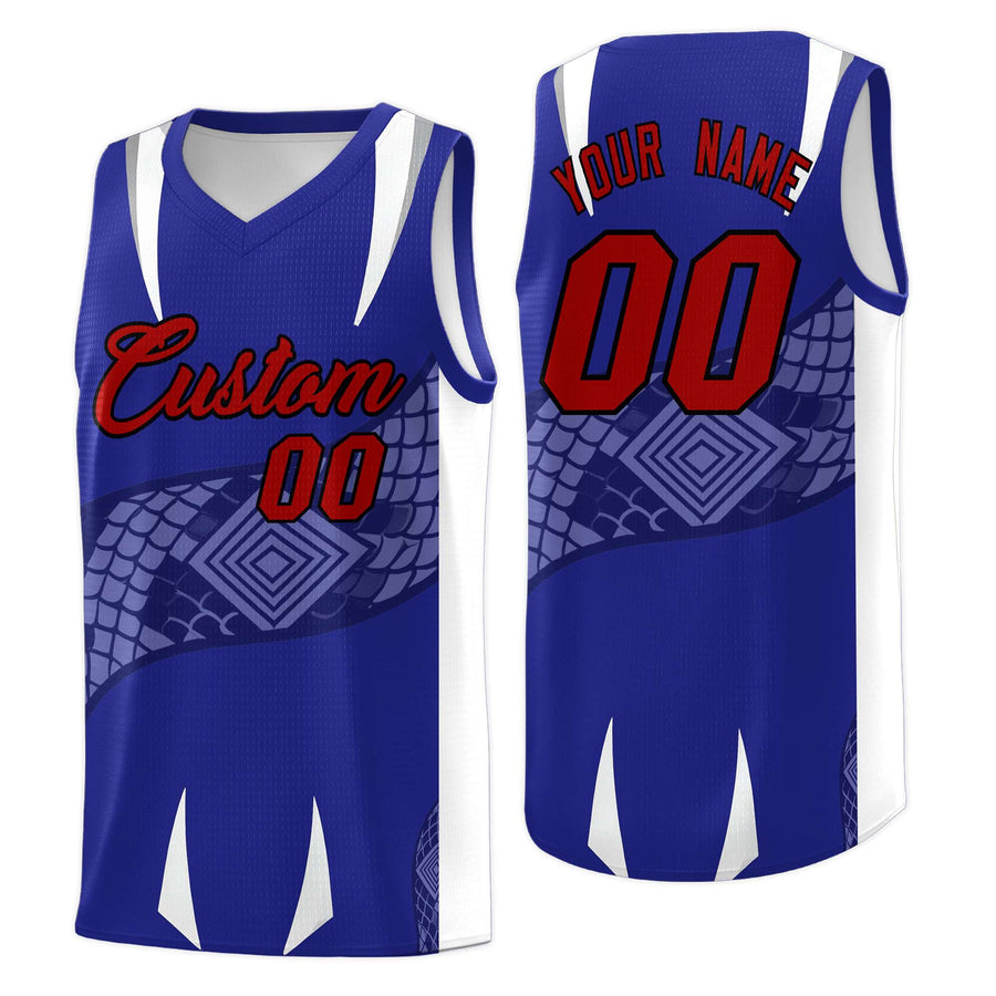 Custom Royal White Snake Scale Venomous Fang Drapable Graffiti Pattern Basketball Suit Jersey | BuyFootballJersey