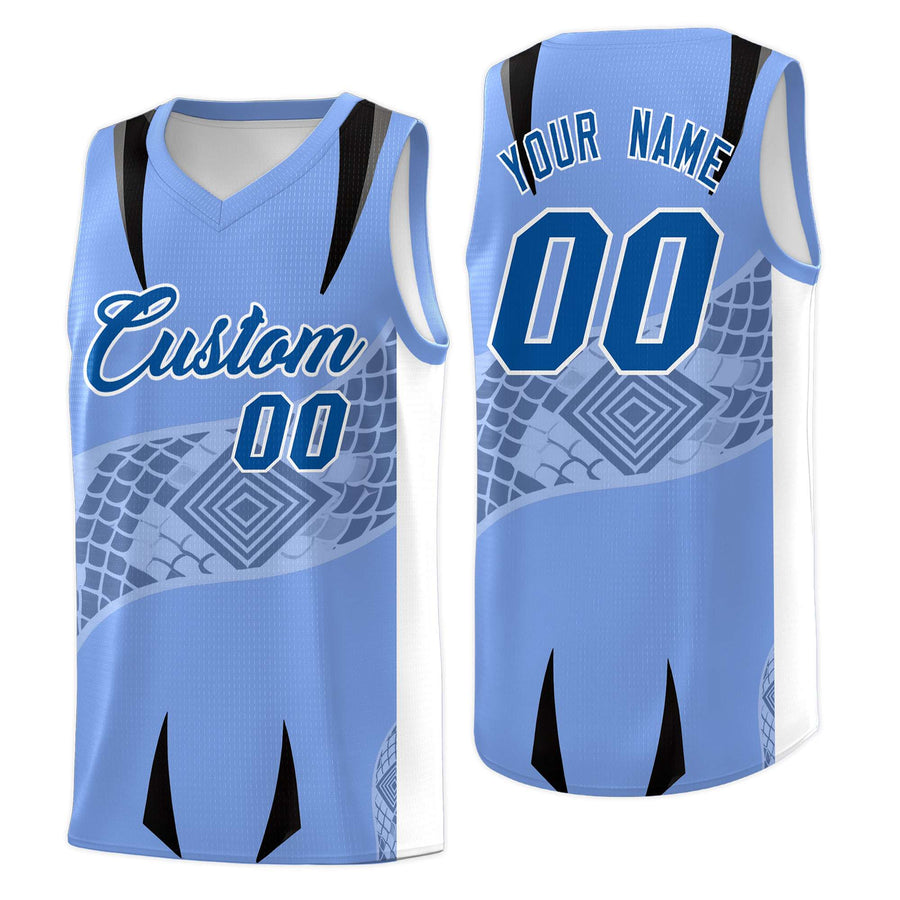 Custom Light Blue White Snake Scale Venomous Fang for Clubs Graffiti Pattern Basketball Suit Jersey | BuyFootballJersey
