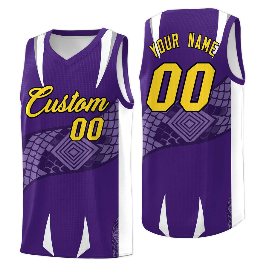 Custom Purple White Snake Scale Venomous Fang Drapable Graffiti Pattern Basketball Suit Jersey | BuyFootballJersey