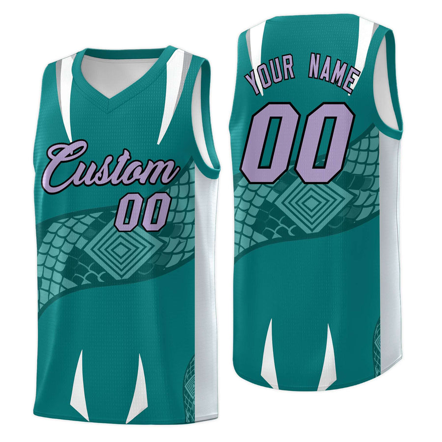 Custom Teal Silver Snake Scale Venomous Fang Breathable Graffiti Pattern Basketball Suit Jersey | BuyFootballJersey