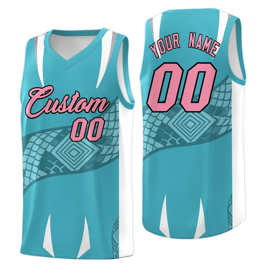 Custom Sky Blue White Snake Scale Venomous Fang Drapable Graffiti Pattern Basketball Suit Jersey | BuyFootballJersey