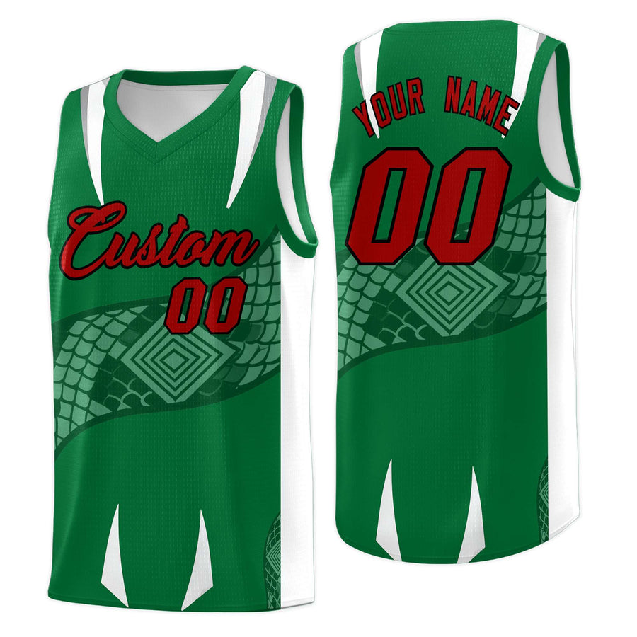 Custom Kelly Green White Snake Scale Venomous Fang Breathable Graffiti Pattern Basketball Suit Jersey | BuyFootballJersey