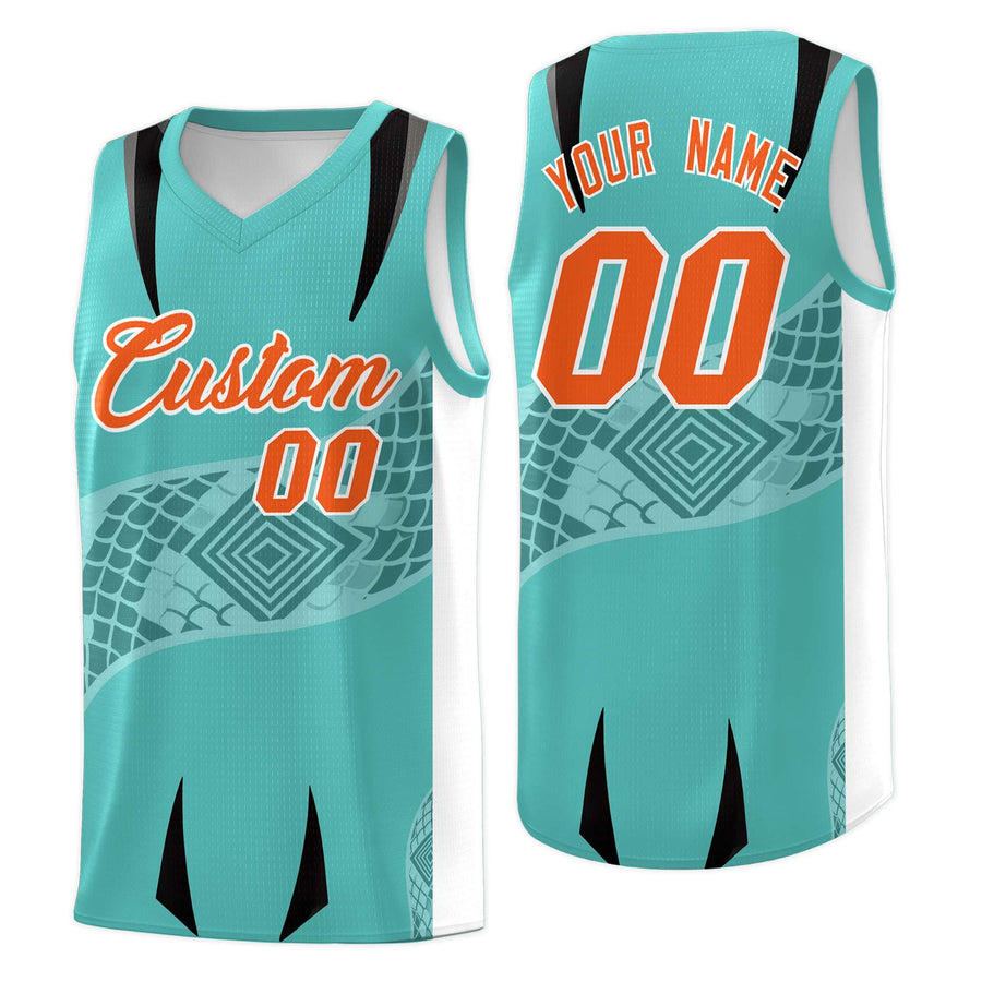 Custom Teal White Snake Scale Venomous Fang for Team Graffiti Pattern Basketball Suit Jersey | BuyFootballJersey