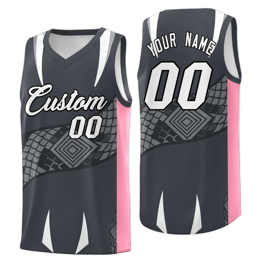 Custom Gray Light Pink Snake Scale Venomous Fang Drapable Graffiti Pattern Basketball Suit Jersey | BuyFootballJersey