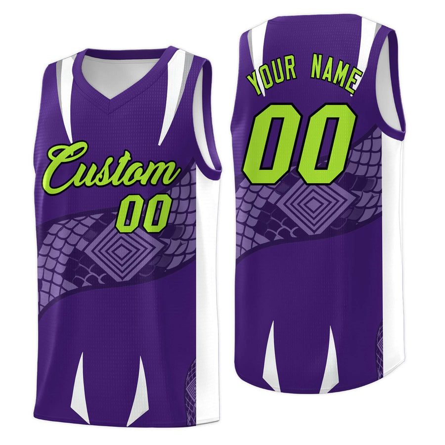 Custom Purple White Snake Scale Venomous Fang Breathable Graffiti Pattern Basketball Suit Jersey | BuyFootballJersey