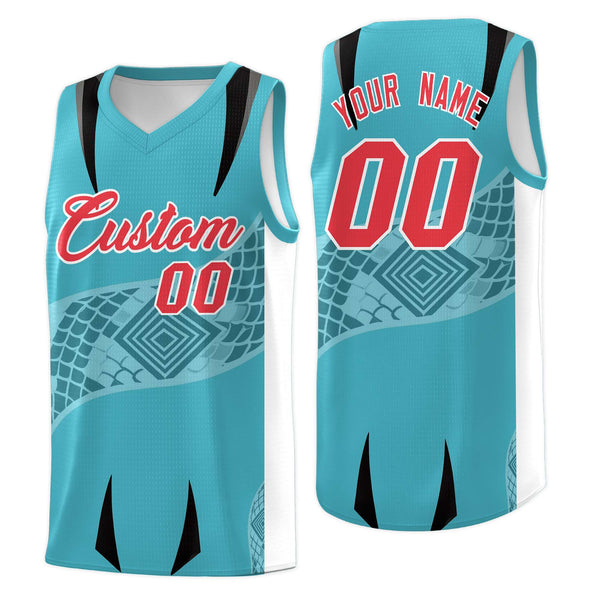 Custom Sky Blue White Snake Scale Venomous Fang for Team Graffiti Pattern Basketball Suit Jersey | BuyFootballJersey