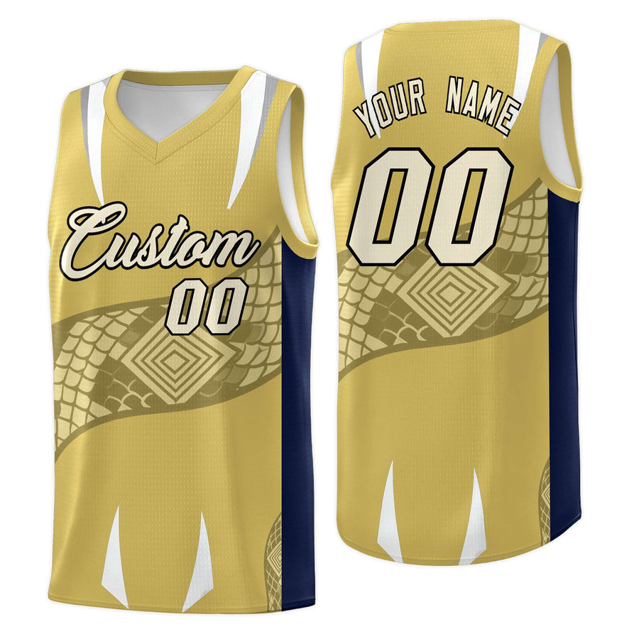 Custom Old Gold Navy Snake Scale Venomous Fang Drapable Graffiti Pattern Basketball Suit Jersey | BuyFootballJersey