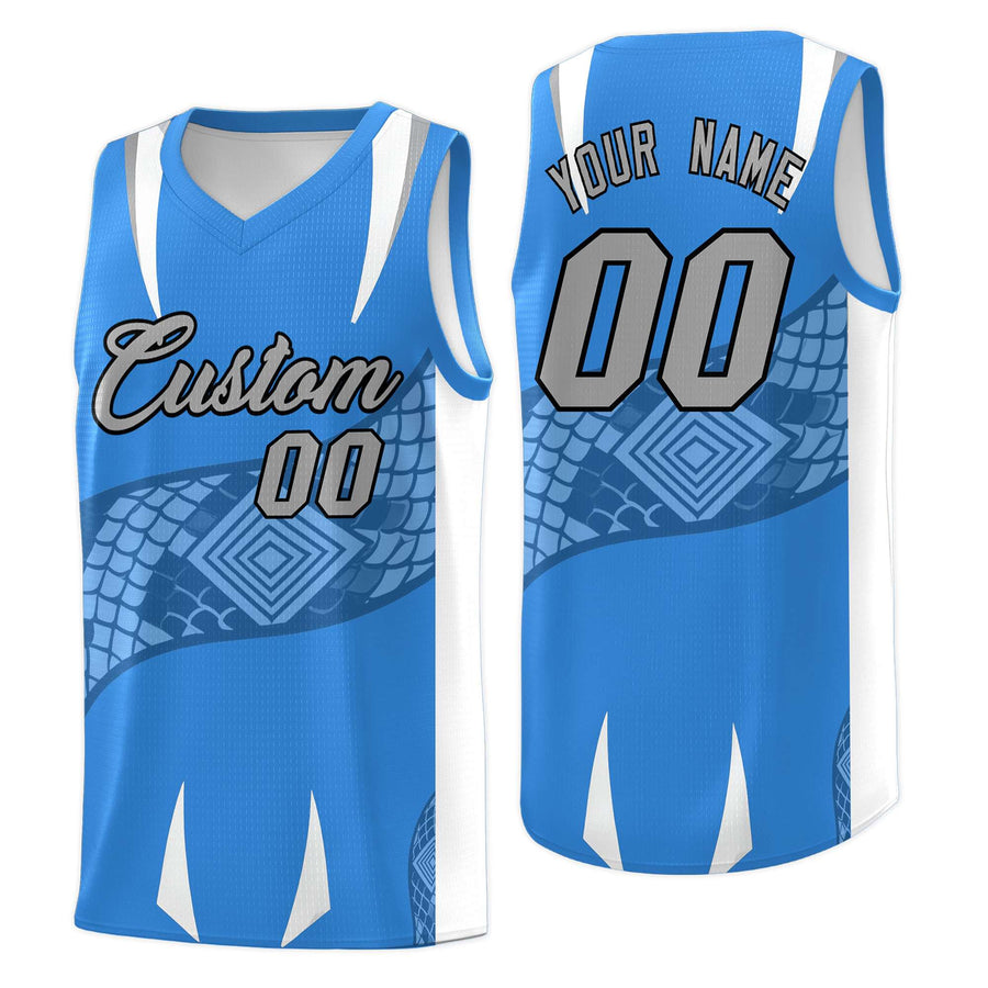 Custom Light Blue White Snake Scale Venomous Fang Lightweight Graffiti Pattern Basketball Suit Jersey | BuyFootballJersey