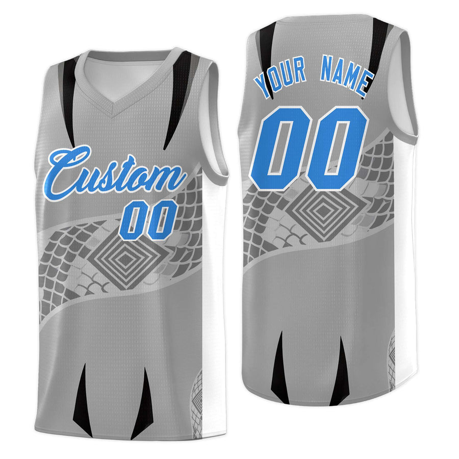 Custom Gray White Snake Scale Venomous Fang for Team Graffiti Pattern Basketball Suit Jersey | BuyFootballJersey