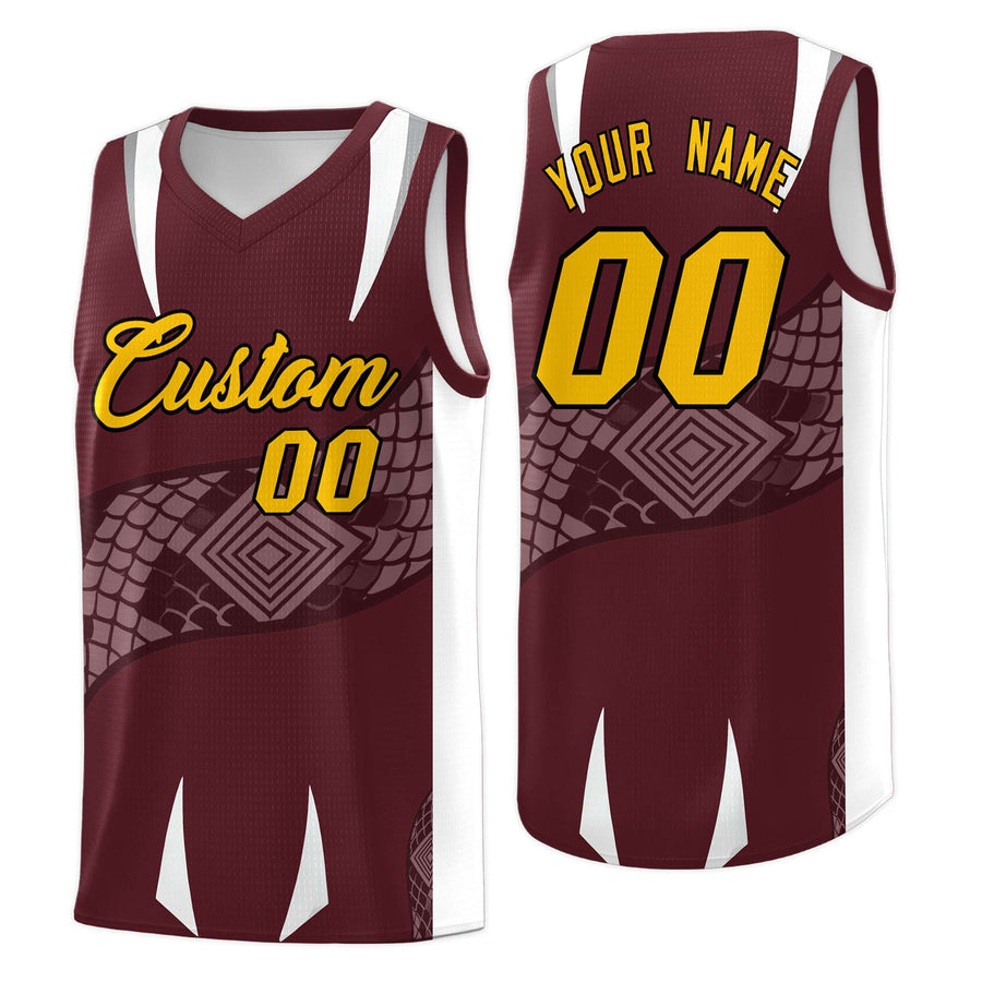 Custom Burgundy White Snake Scale Venomous Fang Drapable Graffiti Pattern Basketball Suit Jersey | BuyFootballJersey