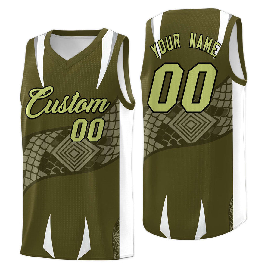 Custom Olive White Snake Scale Venomous Fang Breathable Graffiti Pattern Basketball Suit Jersey | BuyFootballJersey
