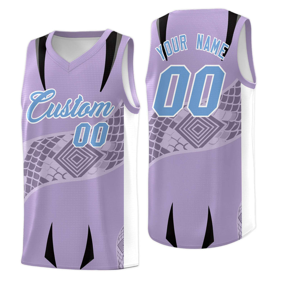 Custom Light Purple White Snake Scale Venomous Fang for Team Graffiti Pattern Basketball Suit Jersey | BuyFootballJersey