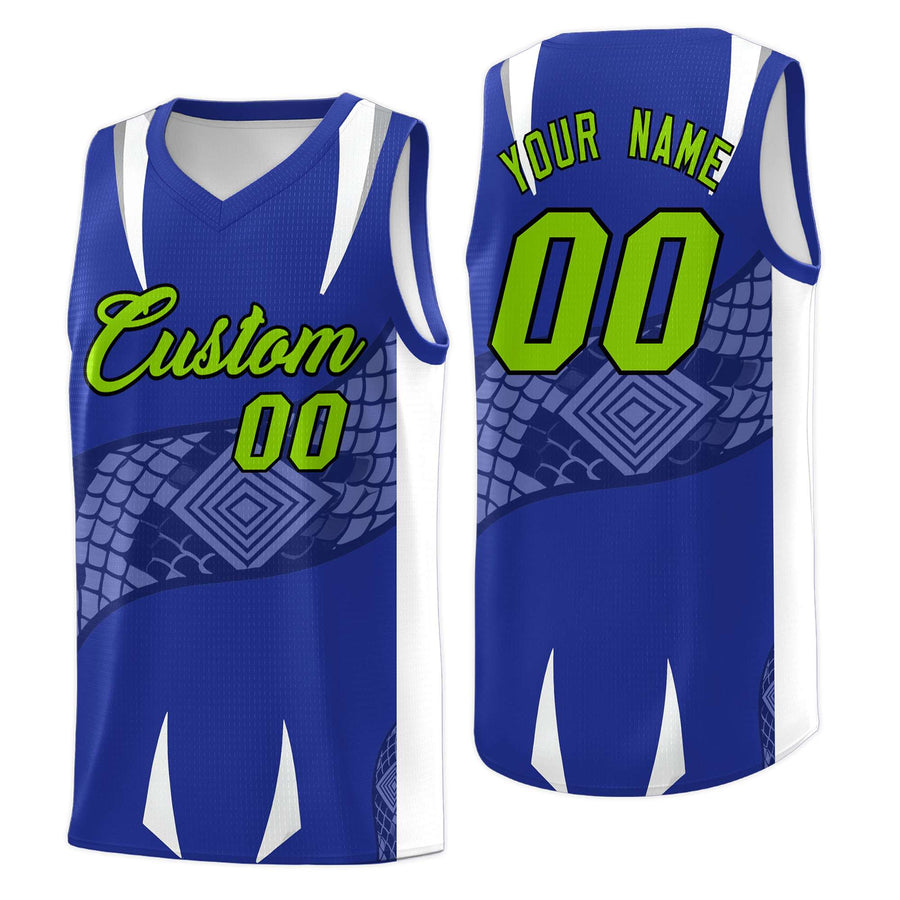 Custom Royal White Snake Scale Venomous Fang Drapable Graffiti Pattern Basketball Suit Jersey | BuyFootballJersey