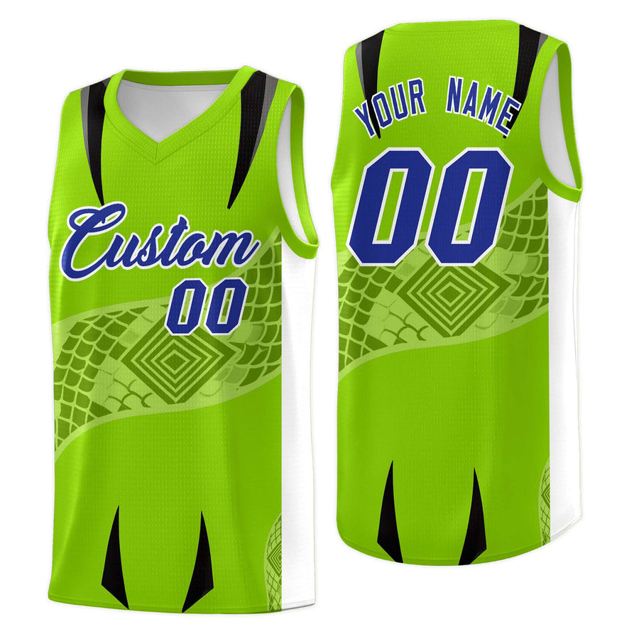 Custom Neon Green White Snake Scale Venomous Fang for Leagues Graffiti Pattern Basketball Suit Jersey | BuyFootballJersey