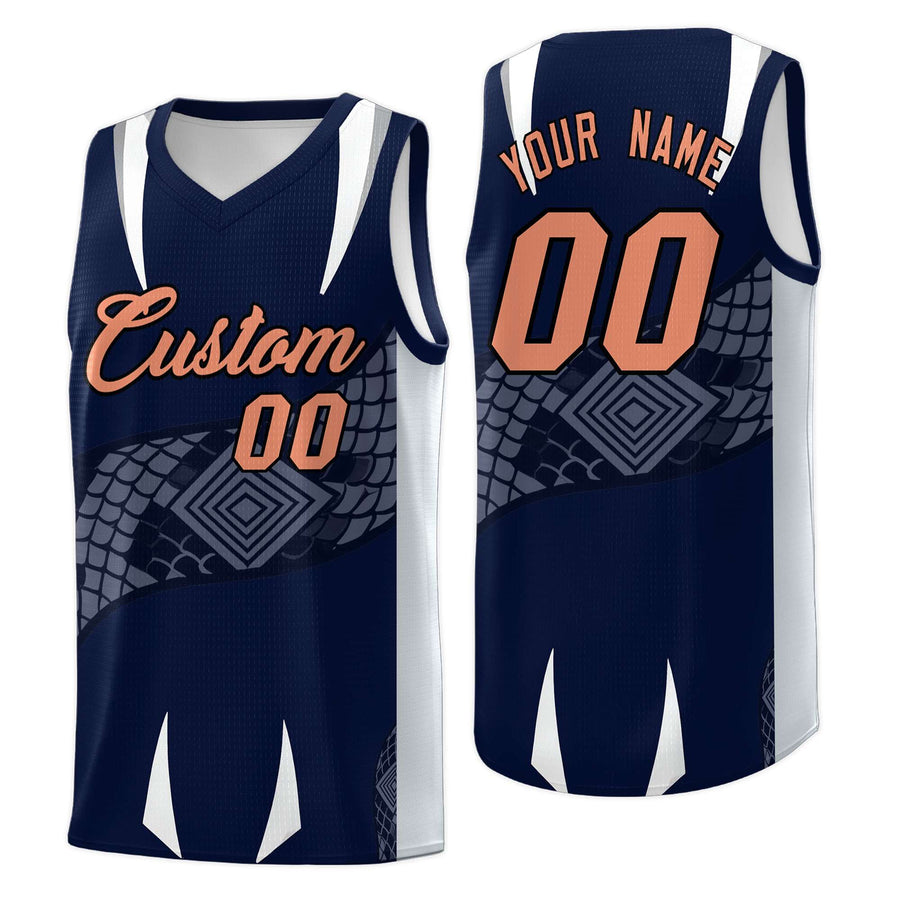 Custom Navy Silver Snake Scale Venomous Fang Drapable Graffiti Pattern Basketball Suit Jersey | BuyFootballJersey
