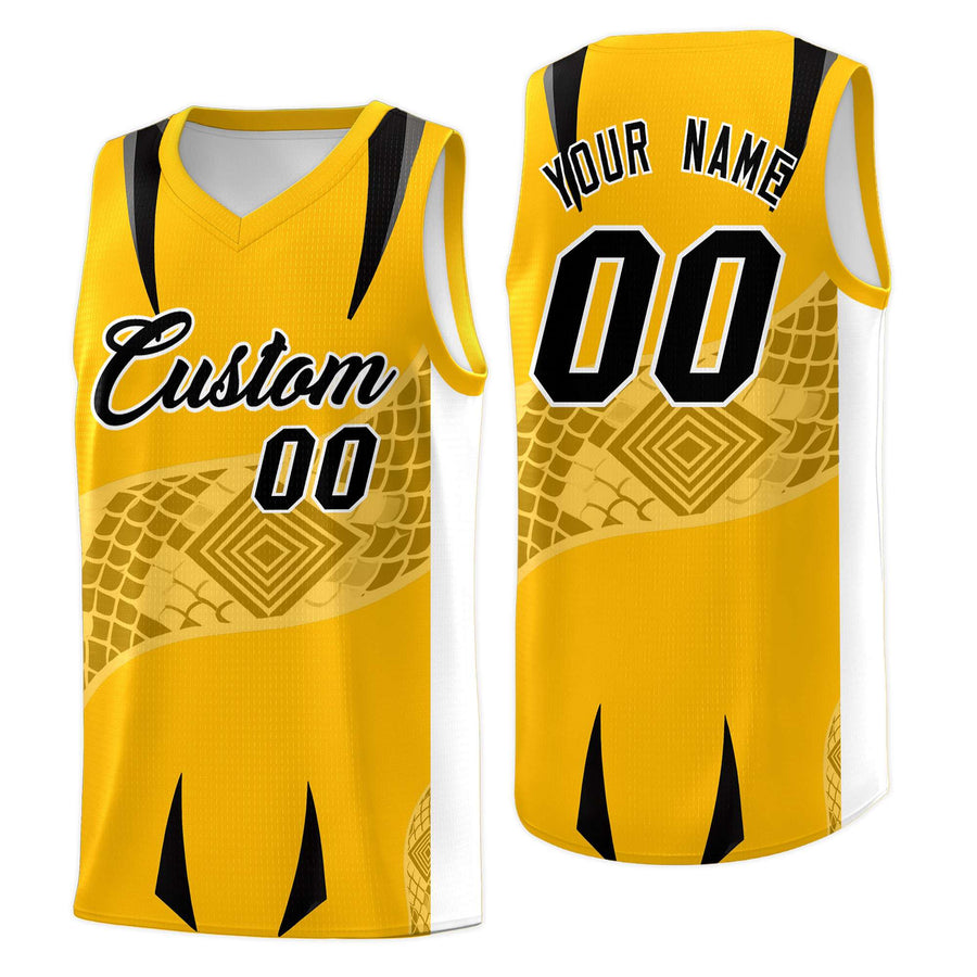 Custom Yellow White Snake Scale Venomous Fang for Team Graffiti Pattern Basketball Suit Jersey | BuyFootballJersey