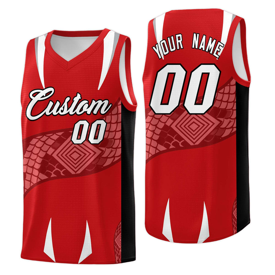 Custom Red Black Snake Scale Venomous Fang Drapable Graffiti Pattern Basketball Suit Jersey | BuyFootballJersey
