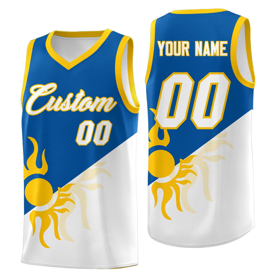 Custom Royal White Radiant Sun Design Two Tone Quick-Drying Uniform Basketball Jersey | BuyFootballJersey