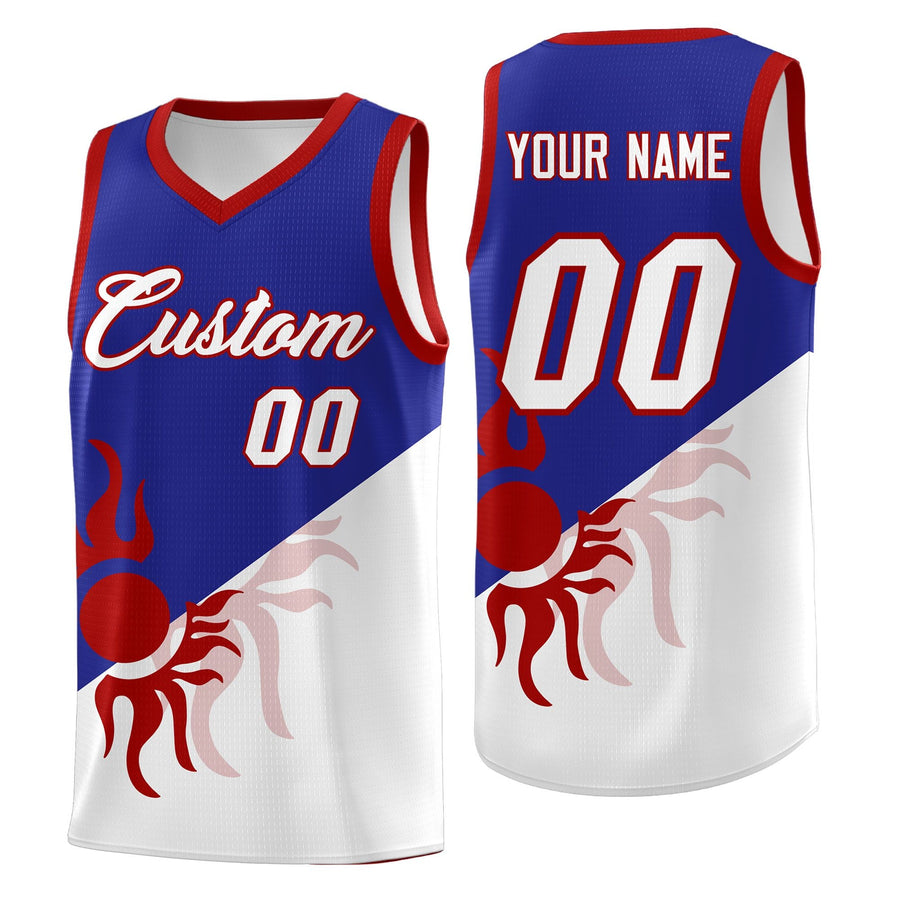 Custom Royal White Radiant Sun Design Two Tone Wrinkle-Resistant Uniform Basketball Jersey | BuyFootballJersey