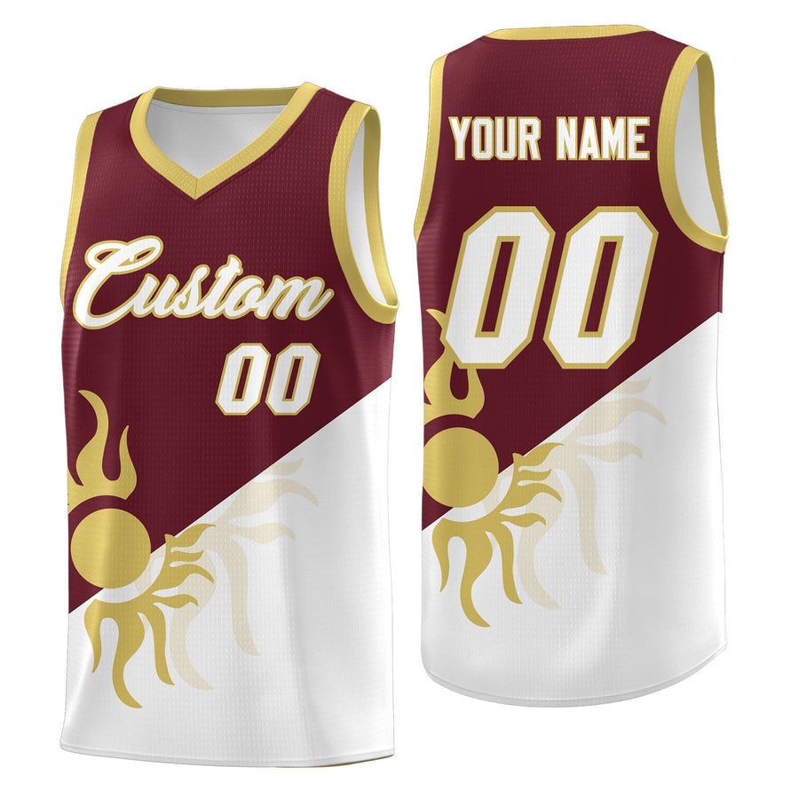 Custom Burgundy White Sunburst Design Two Tone Wrinkle-Resistant Uniform Basketball Jersey | BuyFootballJersey