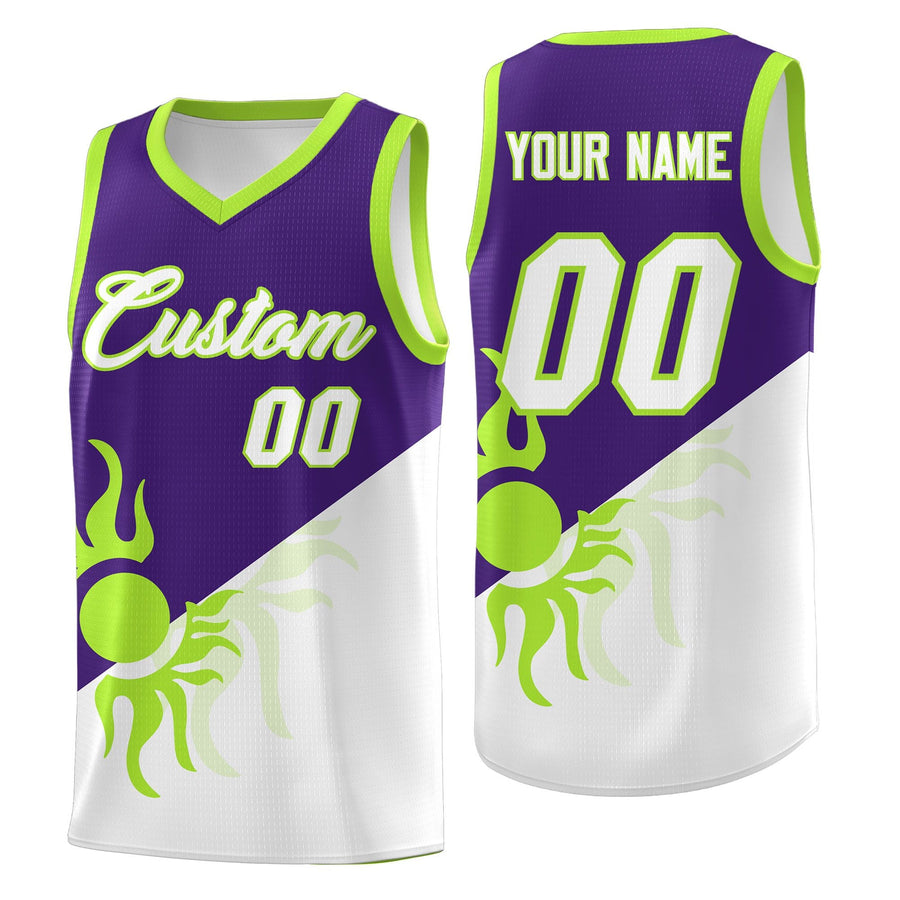 Custom Purple White Radiant Sun Design Two Tone Drapable Uniform Basketball Jersey | BuyFootballJersey