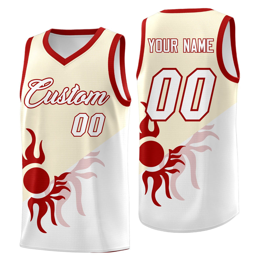Custom Cream White Radiant Sun Design Two Tone Quick-Drying Uniform Basketball Jersey | BuyFootballJersey