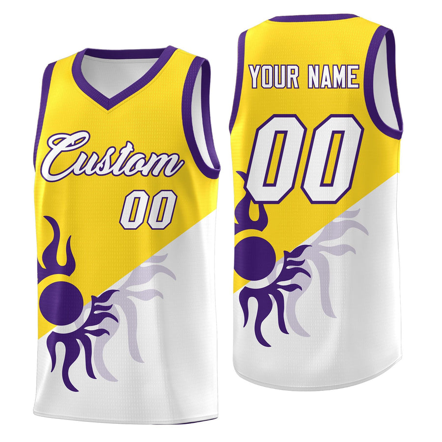 Custom Gold White Radiant Sun Design Two Tone Wrinkle-Resistant Uniform Basketball Jersey | BuyFootballJersey