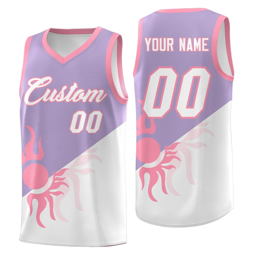 Custom Light Purple White Radiant Sun Design Two Tone Drapable Uniform Basketball Jersey | BuyFootballJersey