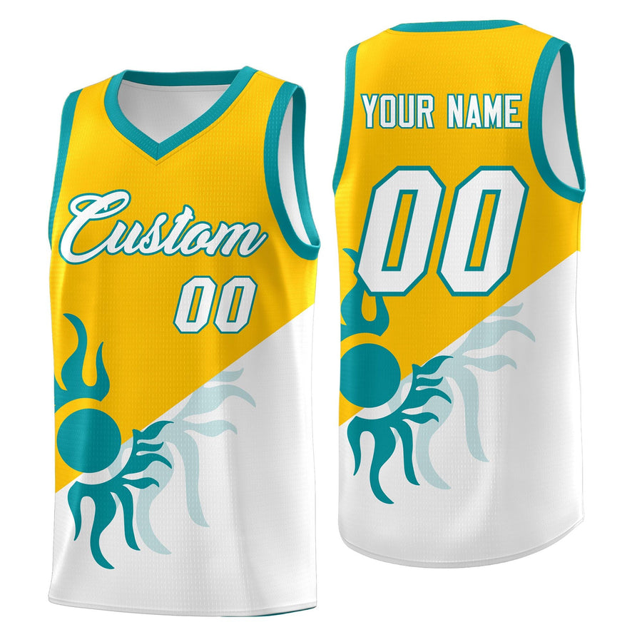 Custom Yellow White Sunburst Design Two Tone Drapable Uniform Basketball Jersey | BuyFootballJersey