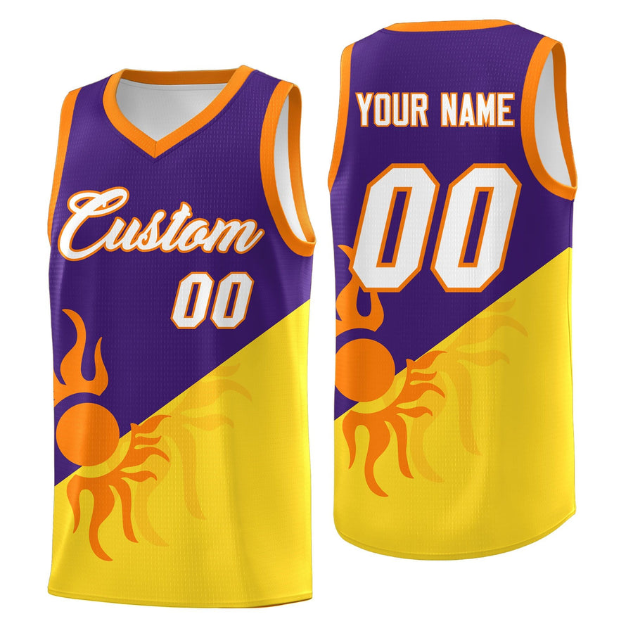 Custom Purple Gold Radiant Sun Design Two Tone Breathable Uniform Basketball Jersey | BuyFootballJersey