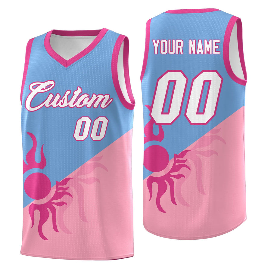 Custom Powder Blue Light Pink Radiant Sun Design Two Tone Drapable Uniform Basketball Jersey | BuyFootballJersey