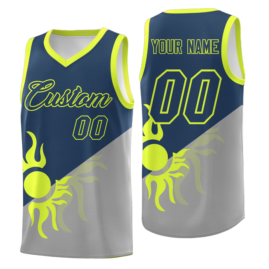 Custom Gray Midnight Blue Radiant Sun Design Two Tone Quick-Drying Uniform Basketball Jersey | BuyFootballJersey