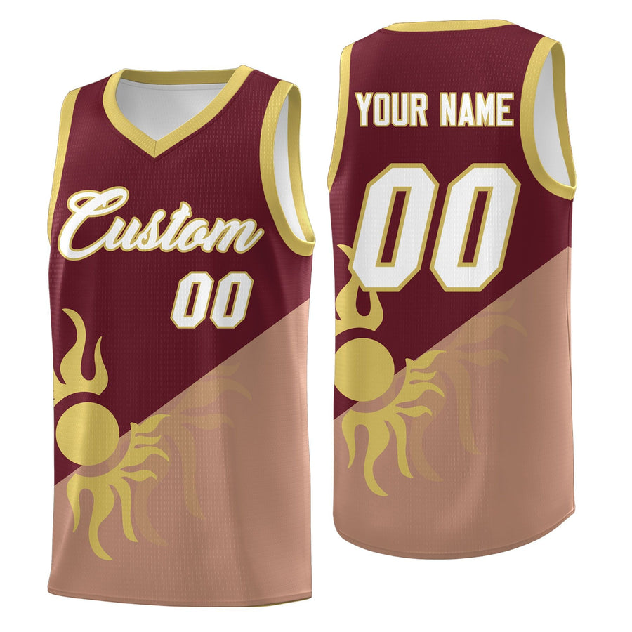 Custom Maroon Coffee Radiant Sun Design Two Tone Wrinkle-Resistant Uniform Basketball Jersey | BuyFootballJersey
