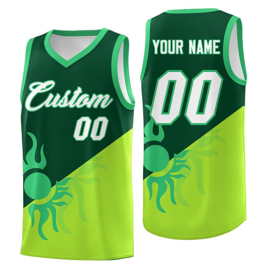 Custom Kelly Green Neon Green Radiant Sun Design Two Tone Breathable Uniform Basketball Jersey | BuyFootballJersey