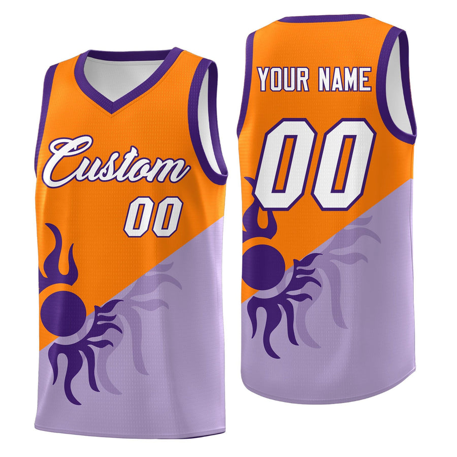 Custom Light Purple Orange Radiant Sun Design Two Tone Drapable Uniform Basketball Jersey | BuyFootballJersey