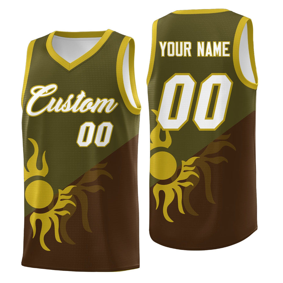 Custom Brown Olive Radiant Sun Design Two Tone Quick-Drying Uniform Basketball Jersey | BuyFootballJersey