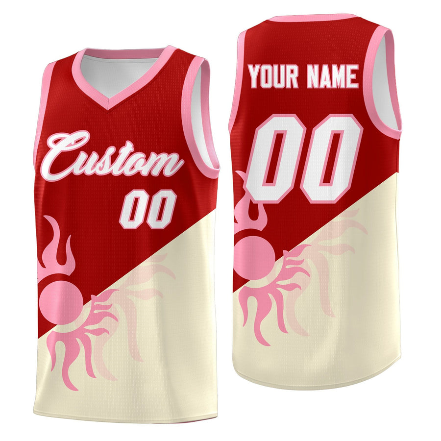 Custom Red Light Khaki Radiant Sun Design Two Tone Wrinkle-Resistant Uniform Basketball Jersey | BuyFootballJersey