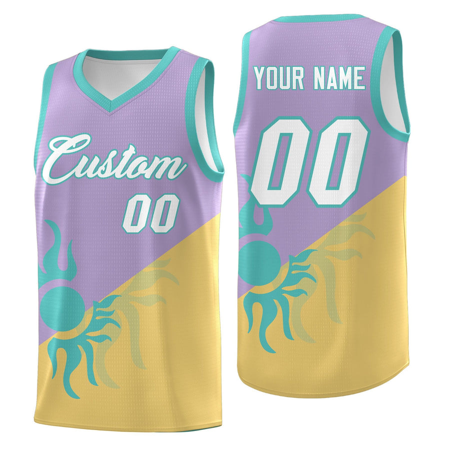 Custom Light Purple Old Gold Radiant Sun Design Two Tone Breathable Uniform Basketball Jersey | BuyFootballJersey