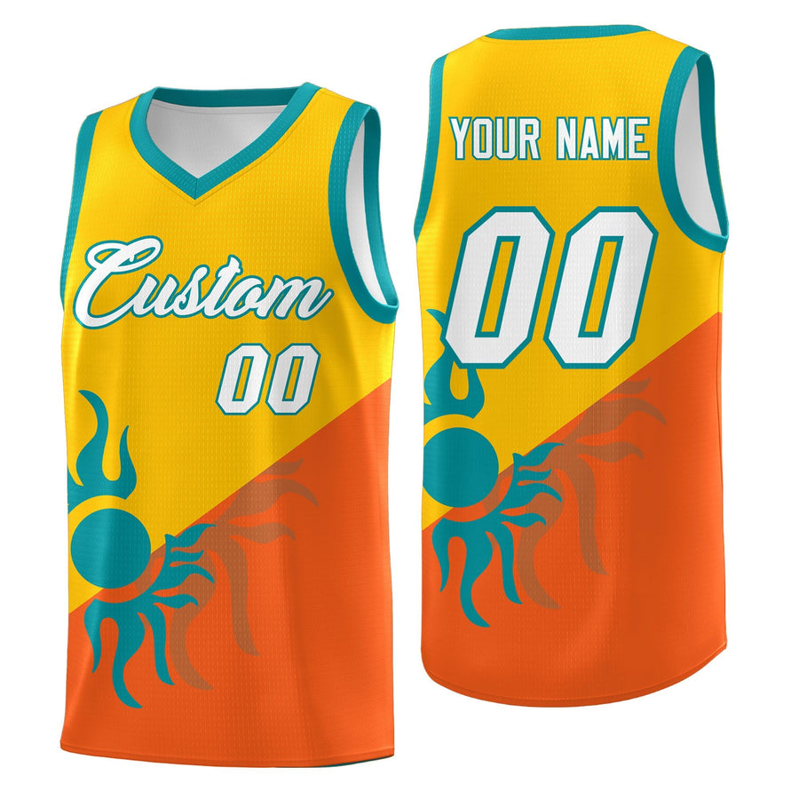 Custom Yellow Orange Radiant Sun Design Two Tone Drapable Uniform Basketball Jersey | BuyFootballJersey