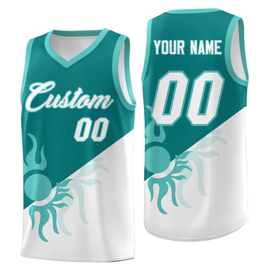 Custom Teal White Sunburst Design Two Tone Drapable Uniform Basketball Jersey | BuyFootballJersey