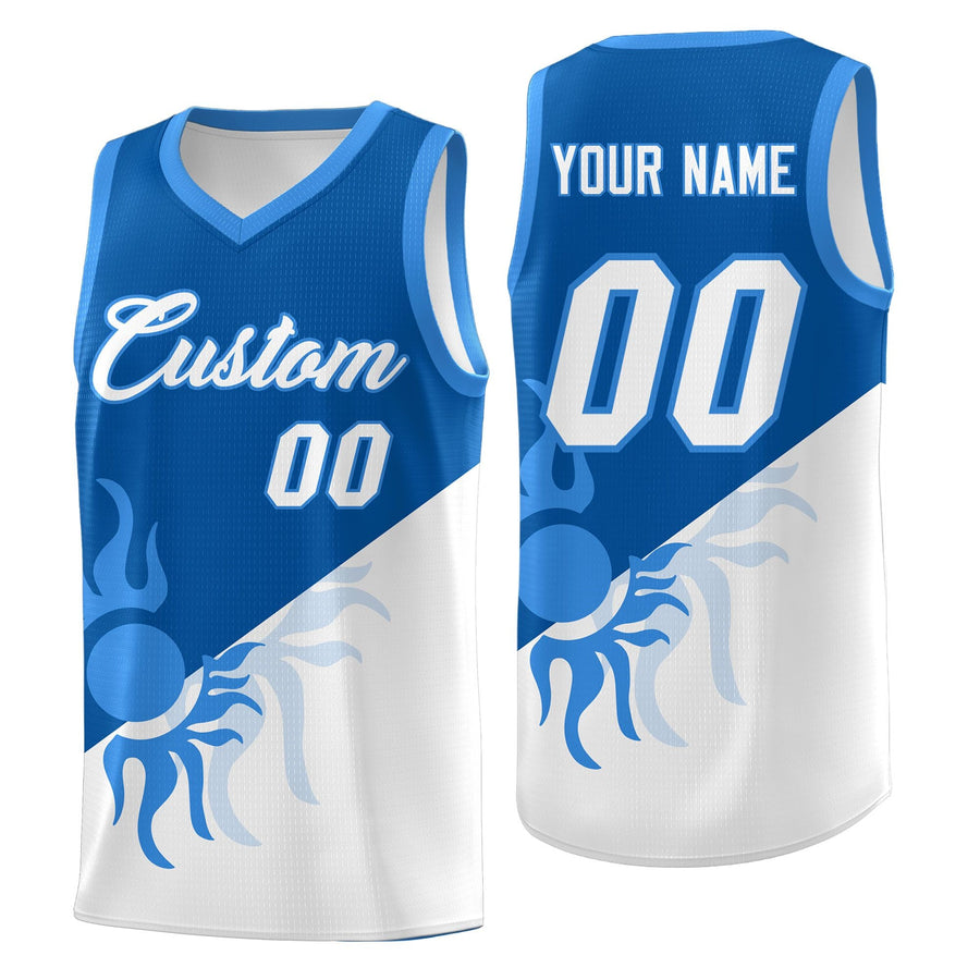 Custom Royal White Radiant Sun Design Two Tone Breathable Uniform Basketball Jersey | BuyFootballJersey